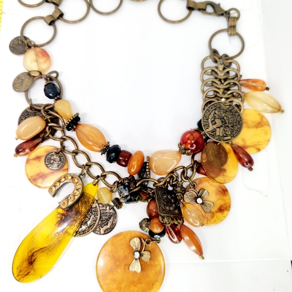 Vtg Chunky Metal Link Charm Amber Tortoiseshell Coin Necklace Belt 28" Dangle - Picture 6 of 8